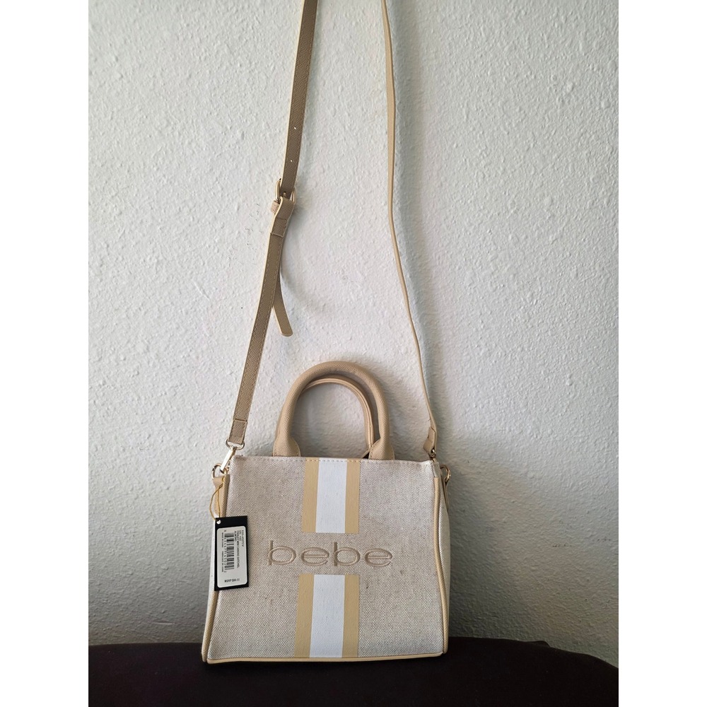 Bebe Canvas Satchel Tan White Striped Crossbody Bag BE-P-MINI-CANVAS-SATCHEL